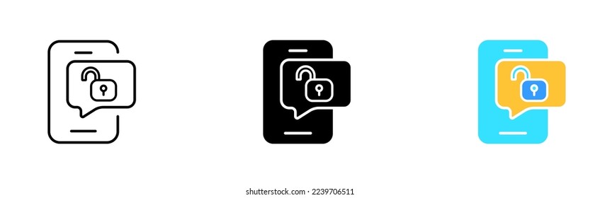 Teléfono con icono de conjunto de lick. Bloquear, contraseña, seguridad, hacker, antivirus, hackeo, autenticación de twofactor. Concepto de defensa. Icono de vector en línea, estilo negro y colorido sobre fondo blanco