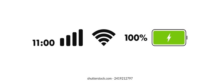 Phone life bar status. Mobile indicator of time, wifi signal, level of mobile communication and battery level of charge. Icons for UI, UX design. Vector illustration.