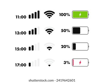 Phone life bar status. Mobile indicator of time, wifi signal, level of mobile communication and battery level of charge. Icons for UI, UX design. Vector illustration.