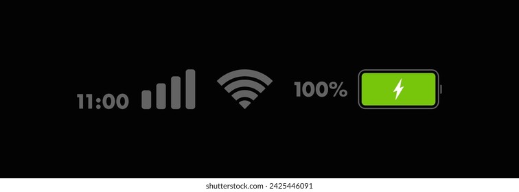 Status der Telefonlebensleiste. Mobile Anzeige der Zeit, WiFi-Signal, Niveau der mobilen Kommunikation und Akkuladung. Symbole für UI, UX-Design. Vektorgrafik.