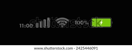 Phone life bar status. Mobile indicator of time, wifi signal, level of mobile communication and battery level of charge. Icons for UI, UX design. Vector illustration.