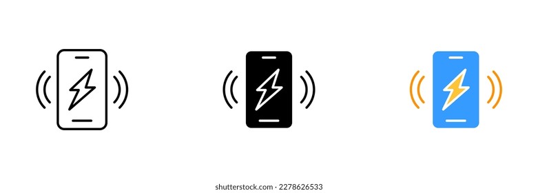 A phone with a lightning bolt symbol on the screen. Vector set of icons in line, black and colorful styles isolated.