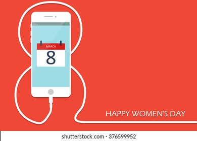 Phone with line eight wire. Outline 8 March smartphone, International Women's Day. Eps10. Vector illustration.