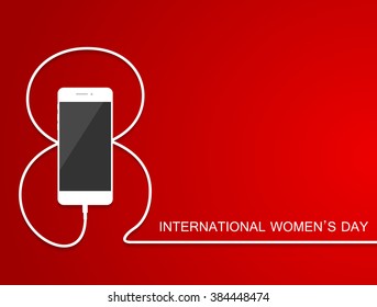 Phone with line eight wire. Outline 8 March smartphone charge, International Women's Day card. Eps10. Vector illustration. Holiday banner, flayer, menu, brochure.