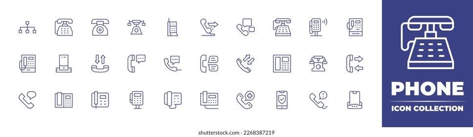 Colección de iconos de línea telefónica. Trazo editable. Ilustración vectorial. Conteniendo teléfono, viejo, llamada, chat, público, cabina, cargador de teléfono, encuesta telefónica, set.