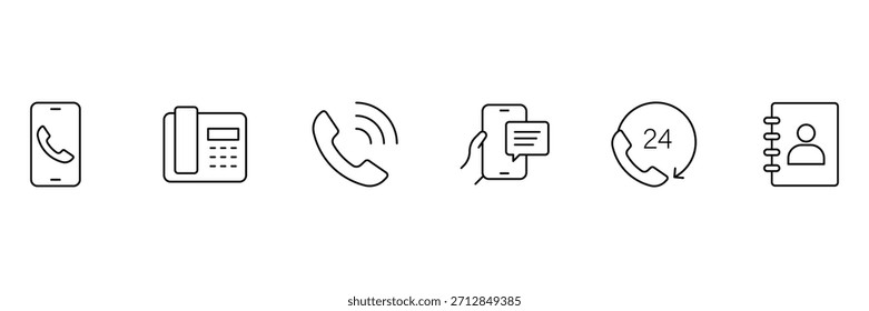 Conjunto de iconos de línea telefónica. Conjunto de iconos de contacto. Símbolo de tele comunicación o comunicación. Ilustración vectorial.