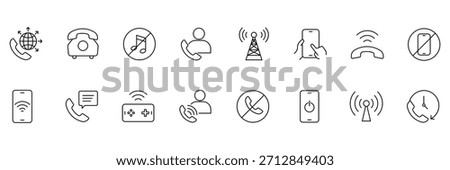 Phone line icon set. Contact icons set. Contains telephone button, ringing, smartphone, mobile device, call, cell phone, contact, office phone, landline. Tele communication or communication symbol.