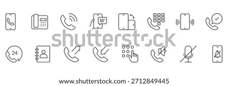 Phone line icon set. Contact icons set. Contains telephone button, ringing, smartphone, mobile device, call, cell phone, contact, office phone, landline. Tele communication or communication symbol.