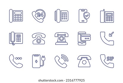 Conjunto de iconos de línea telefónica. Trazo editable. Ilustración vectorial. Conteniendo teléfono, horas, teléfono, seguridad, teléfono antiguo, smartphone, llamada entrante, carga, llamada telefónica.