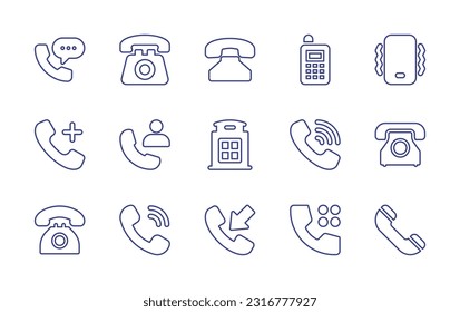 Phone line icon set. Editable stroke. Vector illustration. Containing phone, landline, telephone, mobile phone, vibration, add contact, contact, booth, call, call, phonecall, dial.