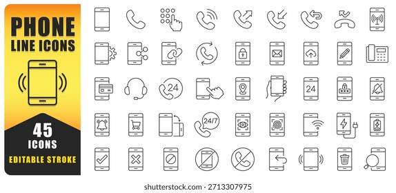 Symbolsatz für Telefonleitungen, der Kommunikation, Konnektivität und mobile Funktionen zeigt. Dieses vielseitige Set ist für Apps, UI-Projekte und digitale Schnittstellen mit 45 bearbeitbaren Strichvektorsymbolen konzipiert. 