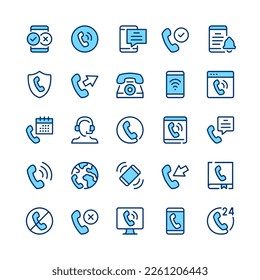 Phone line icons. Set of phone icons. Blue color. Vector line icons set