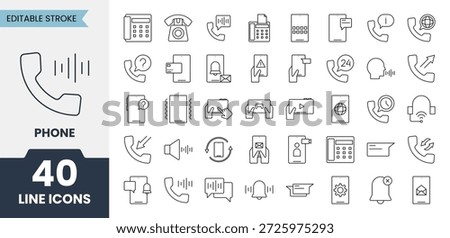 Phone line icons set with editable stroke. Contains icons related to telephone call, phone mobile call, vibrate, message, communication, contact and more. Vector illustration