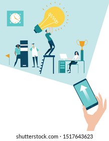 Phone, little device lightning up the problems and the way it to solve. Modern technology. Developing, taking a risk, support and solving the problem business concept illustration.