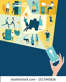 Phone, little device lightning up the problems and the way it to solve. People working, talking, making decisions. 