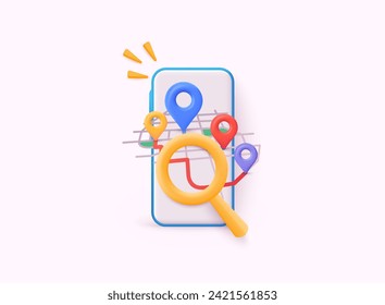 Teléfono con mapa de ubicación, barra de búsqueda y anclaje aislado. Símbolo GPS y de navegación. Elemento para mapa, medios sociales, aplicaciones móviles. Ilustraciones de vectores Web 3D.
