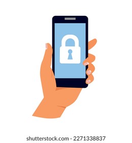 Concepto de bloqueo telefónico. Una mano sostiene un smartphone con una pantalla de bloqueo.	