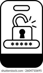 A phone with a lock on it. The lock is open and the phone is showing a password