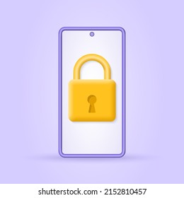 Teléfono con bloqueo en la pantalla. smartphone 3d con candado. Concepto de seguridad móvil, seguridad y protección. Ilustración vectorial.