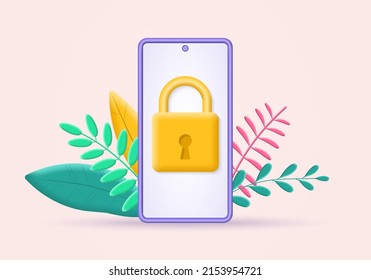 Phone with lock on the screen. 3d smartphone with padlock. Mobile security, safety and protection concept. Vector illustration.