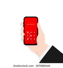 Phone lock screen. Hand holding smartphone screen lock passcode interface. Screen lock authentication password smartphone background template. Smartphone security. Vector.