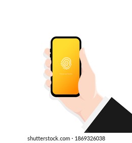 Phone lock screen. Touch id. Hand holding smartphone screen lock passcode interface. Illustration of phone ID recognition screen lock password or lock screen passcode numbers display. Vector