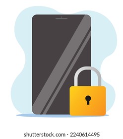Phone locked or mobile phone with padlock as secure idea vector flat cartoon icon, illustrated digital security login access or private account closed, internet spyware modern symbol