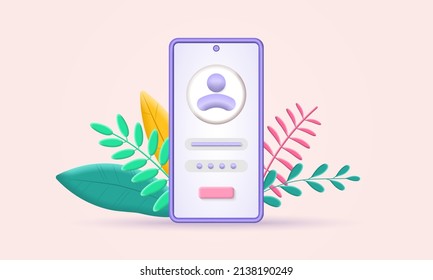 Phone login 3d icon. Smartphone account with user avatar and password. Sign in, App registration concept. Vector illustration.