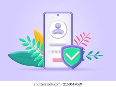 Phone login, password 3d icon with security shield. Smartphone account protection for privacy and security. Sign in, registration, verification concept. Vector illustration.