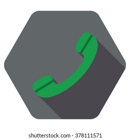 Phone long shadow vector icon. Style is a flat symbol on a colored rounded hexagon button with longshadow.