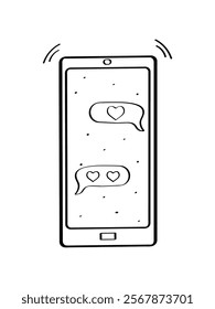 Phone with love message doodle icon. Speech bubbles in phone with love messages. Concept Valentine's Day, wedding. Vector illustration.