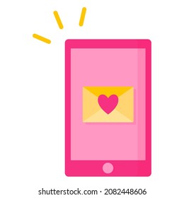 Phone with a love message and a heart. Wedding and valentine day concept. Vector cartoon isolated illustration.