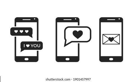 teléfono con conjunto de iconos de mensajes de amor. símbolos de conversación de amor móvil. el día de San Valentín y los símbolos de amor. imágenes vectoriales aisladas