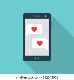 Phone with love speech bubbles on screen, vector flat illustration with long shadow.
