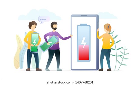 Phone with low battery level vector illustration. Cartoon technicians, repairmen replace damaged battery flat characters. Electronics experts solving smartphone malfunction, helping female customer.