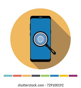 Phone and magnifying glass flat web icon. Vector Illustration.