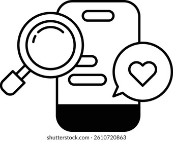 A phone with a magnifying glass on it and a heart on the right side