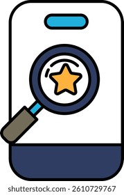 A phone with a magnifying glass on it and a star in the middle. The star is surrounded by a blue circle