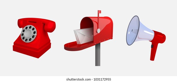 Phone, mail box, megaphone. Means of communication. Set of objects isolated on white background. Reclastic stylized. 3d vector illustration