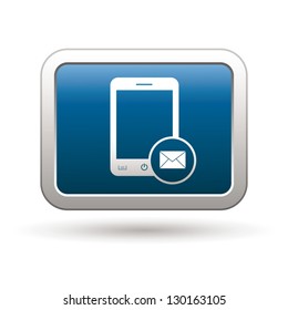 Phone with mail menu icon on the blue with silver rectangular button. Vector illustration