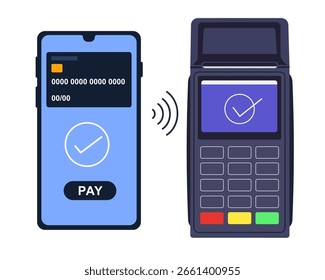 teléfono que realiza un pago sin contacto utilizando una Ilustración vectorial de concepto de tecnología NFC de terminal pos
