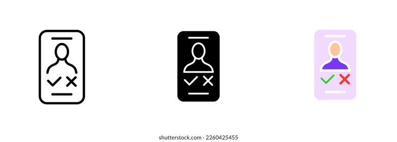 Teléfono con el hombre, cruz y garrapata. Aplicación de citas, sitio web, aplicación, fecha, amor, comunicación en línea, red social. Icono de conjunto de vectores en línea, estilos negros y coloridos aislados en fondo blanco