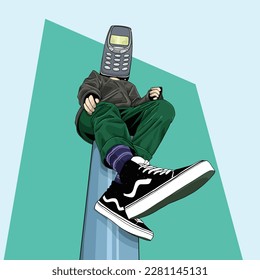 A Phone Man is sitting on a top