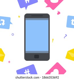 phone and many different icons around them. On white background. The literal concept of the information world. vector seamless pattern background