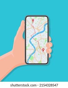 Teléfono con mapa y gps en mano. Mano sosteniendo caricaturas móviles smartphone plano con aplicación de localización de mapas para la navegación en carreteras de la ciudad y viajes con diseño de ruta en pantalla, ilustración. Vector.