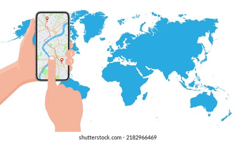Phone with map and gps in hand. Hand holding mobile cartoon flat smartphone with map location app and world map on background for navigation on roads of city and travel with route on screen. Vector.