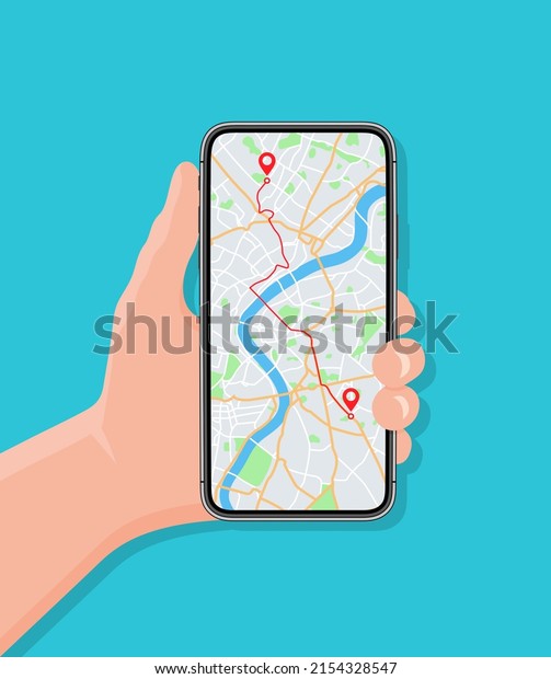 Phone with map and gps in hand. Hand holding\
mobile cartoon flat smartphone with map location app for navigation\
on roads of city and travel with route design on screen,\
illustration. Vector.