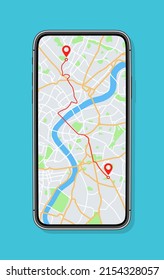 Phone with map and gps with location on screen. Mobile smartphone app with map of roads and pin with navigator of city. Vector. Application of street search and route navigation icons in town.