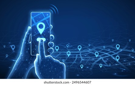 Phone with map and pins. Phone app, gps tracker, geo location, uber route, pin pointer, navigation plan, online search, taxi app, uber mobile service concept.