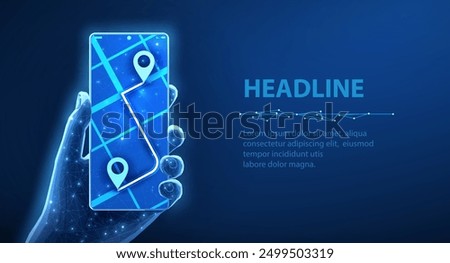Phone with map and pins. Phone app, gps tracker, geo location, uber route, pin pointer, navigation plan, online search, taxi app, uber mobile service concept.